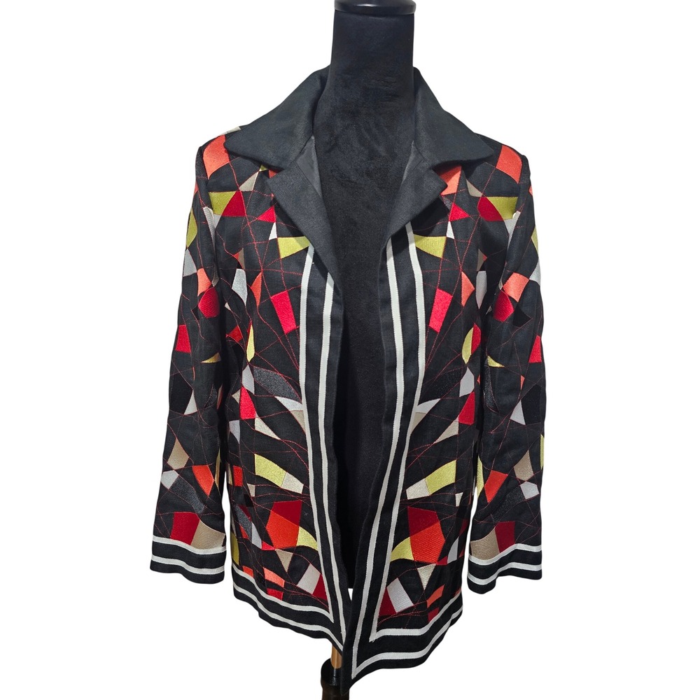Linda Allard Ellen Tracy Linen Blazer Jacket Womens M Multicolor Artsy Abstract - Picture 2 of 14